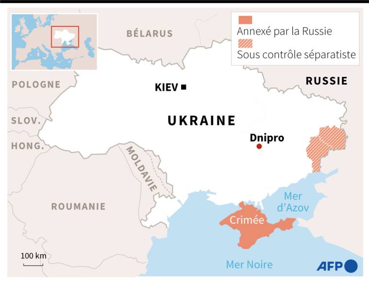 Carte d'Ukraine localisant Dnipro, les régions sous contrôle séparatiste et la Crimée, annexée par la Russie ( AFP /  )