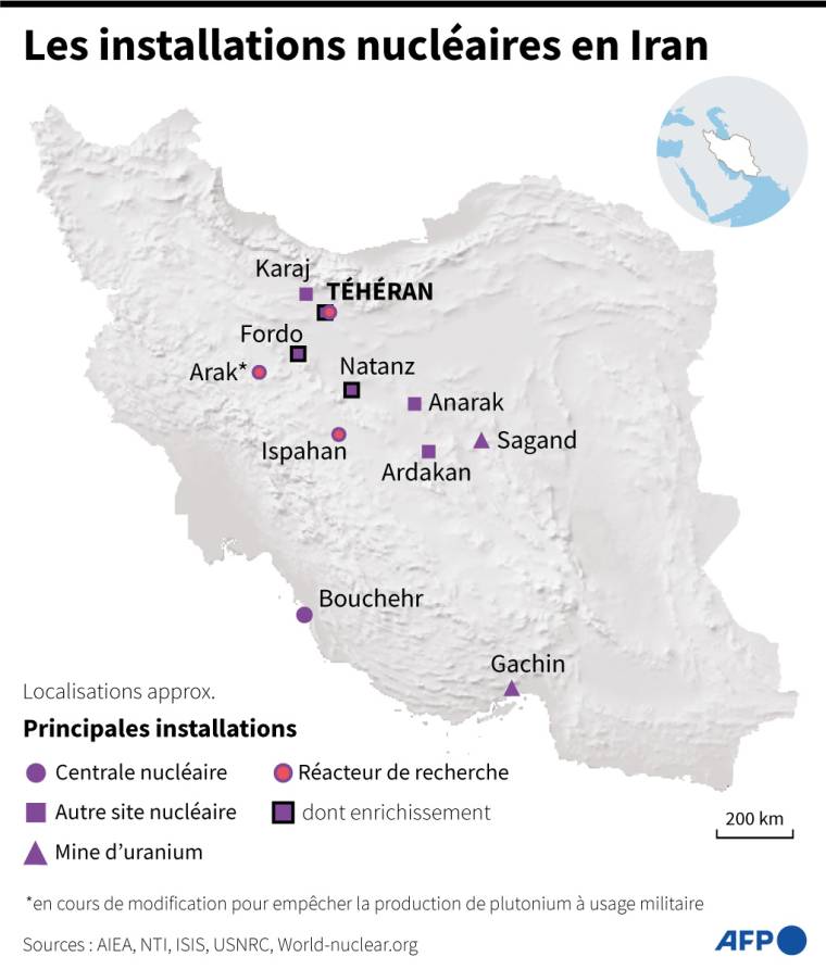 Carte de l'Iran montrant les sites nucléaires, réacteurs et mines d'uranium ( AFP / Gal ROMA )