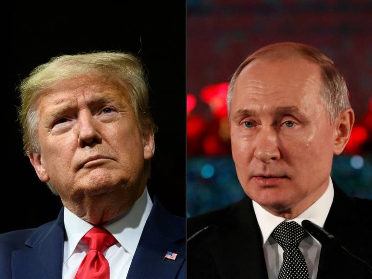 Donald Trump à Phoenix, aux États-Unis, le 19 février 2020 et Vladimir Poutine à Jérusalem, en Israël, le 23 janvier 2020. ( AFP / JIM WATSON )