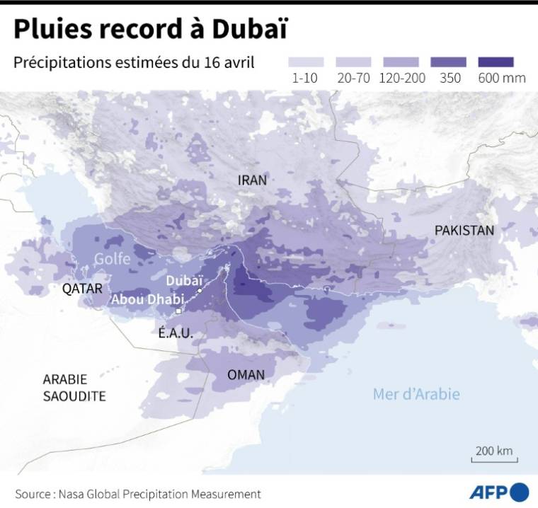 Carte du Moyen-Orient montrant les précipitations du mardi 16 avril 2024, qui se sont notamment abattues sur Dubaï ( AFP / Laurence SAUBADU )