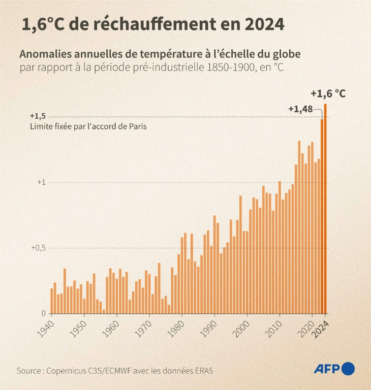 1,6°C de réchauffement en 2024 ( AFP / Elouan BLAT )