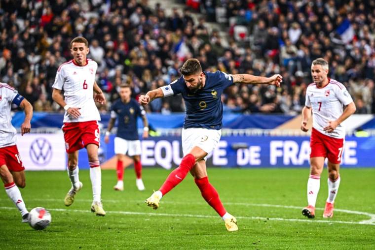Olivier GIROUD of France scores a goal before his cancelled by the VAR during the UEFA Euro 2024, qualifications match between France and Gibraltar at Allianz Riviera on November 18, 2023 in Nice, France. (Photo by Anthony Dibon/Icon Sport)