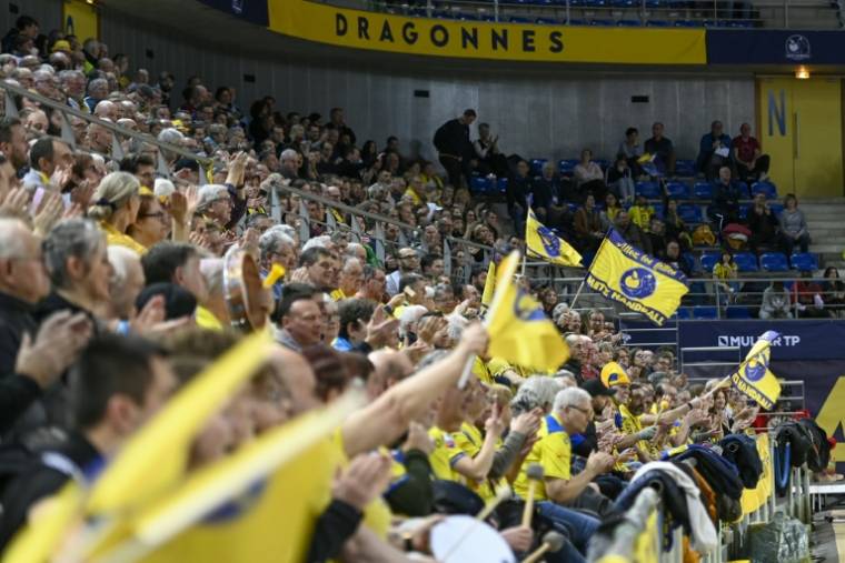 Les supporters des Dragonnes de Metz soutiennent leur équipe face à Toulon en Ligue féminine de handball le 9 mars 2024 à Metz ( AFP / Jean-Christophe Verhaegen )