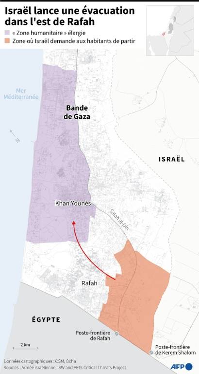 Carte du sud de la bande de Gaza montrant notamment la zone est de Rafah où Israël a lancé une opération d'évacuation d'habitants vers une "zone humanitaire"  ( AFP / Sophie RAMIS )