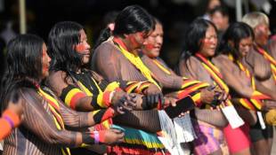 Des indigènes du Brésil fêtent la décision de la Cour suprême en faveur de leurs droits à la terre, le 21 septembre 2023 à Brasilia ( AFP / EVARISTO SA )