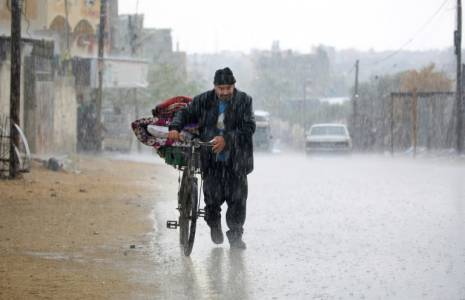 Un déplacé palestinien emporte ses affaires sur un vélo, à Rafah, dans le sud de la bande de Gaza, le 6 mai 2024 ( AFP / - )