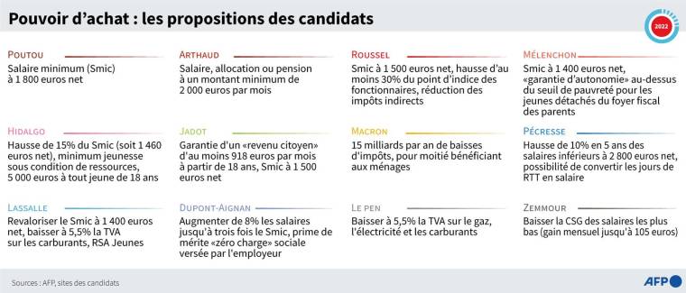 Propositions principales des 12 candidats sur le thème du pouvoir d'achat ( AFP /  )