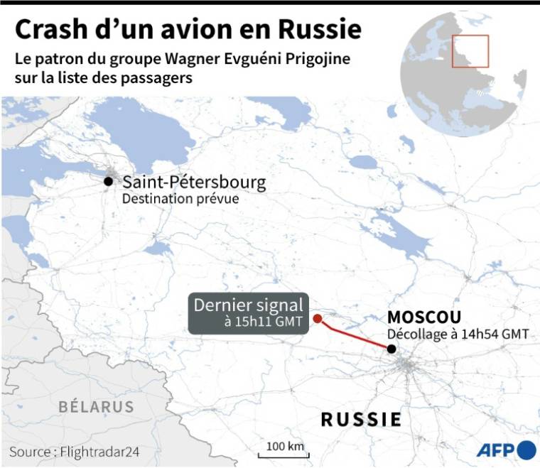 Localisation du lieu du crash d'un avion en Russie, le patron du groupe Wagner sur la liste des passagers ( AFP / Valentina BRESCHI )