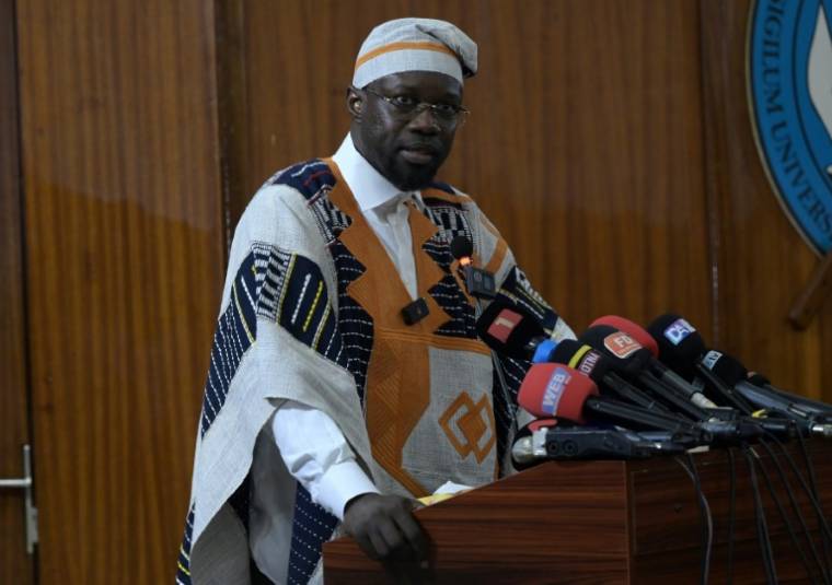 Le Premier ministre sénégalais Ousmane Sonko lors d'une conférence à l'Université Cheikh Anta Diop, le 16 mai 2024 à Dakar  ( AFP / SEYLLOU )