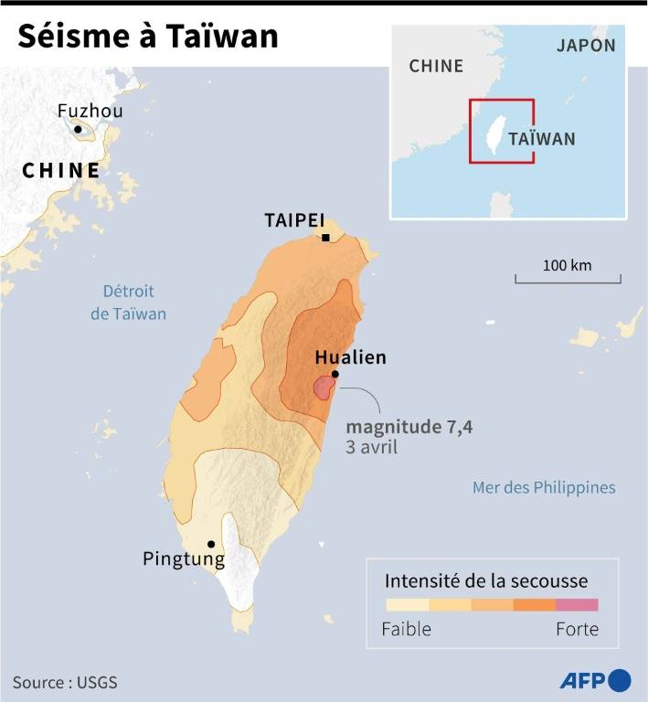Carte de Taïwan, montrant l'intensité de la secousse du séisme de 7,4 qui s'est produit mercredi ( AFP / Nicholas SHEARMAN )