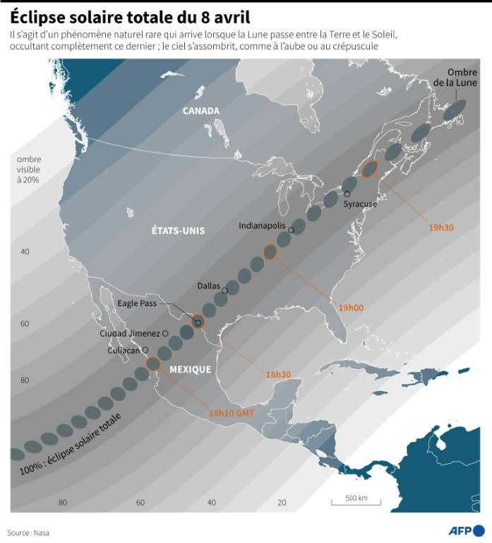 Carte montrant les zones où l'ombre de la Lune passera pendant l'éclipse solaire totale du 8 avril 2024, au Mexique, aux États-Unis et au Canada ( AFP / Laurence SAUBADU )