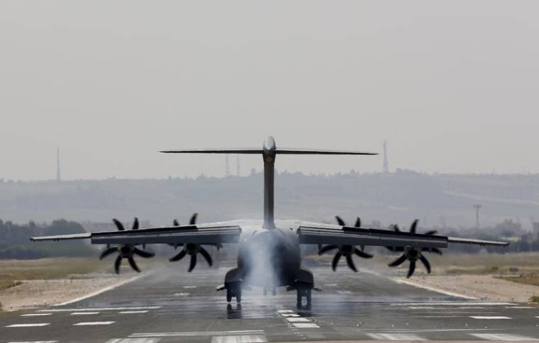 Airbus A400M military plane lands during a test flight at the airport of the Andalusian capital of Seville