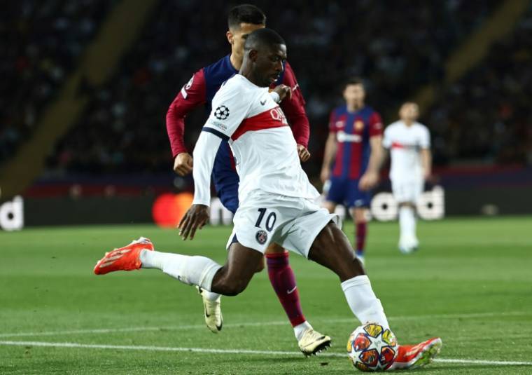 Ousmane Dembélé lors du quart de finale retour de la Ligue des champions le 16 avril 2024 à Barcelone. Battu 3-2 à l'aller, le PSG a remonté son retard et s'est largement imposé 4-1, se qualifiant pour les demi-finales ( AFP / FRANCK FIFE )