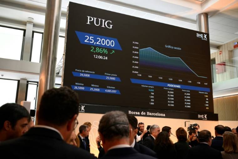 Un écran affiche des informations boursières sur le groupe espagnol Puig, après son introduction en bourse, le 3 mai 2024 à Barcelone ( AFP / Josep LAGO )