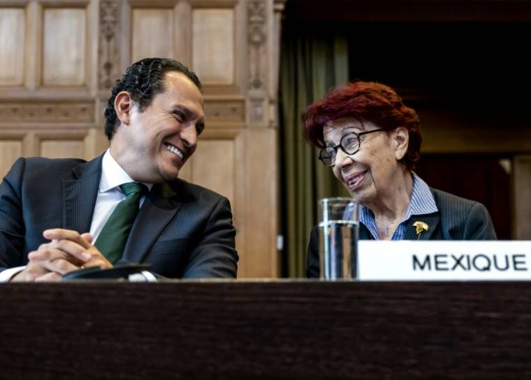 Le représentant du Mexique, Alejandro Celorio Alcantara, et l'ambassadrice mexicaine aux Pays-Bas, Carmen Moreno Toscano, au premier jour d'une audience sur la requête de leur pays contre l'Equateur à la Cour internationale de justice, à La Haye le 29 avril 2024 ( ANP / Remko de Waal )