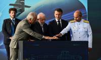 Les présidents français Emmanuel Macron et brésilien Luiz Inacio Lula da Silva lancent le sous-marin Tonelero le 27 mars 2024 à la base navale de Itaguai, à Rio de Janeiro ( AFP / Pablo PORCIUNCULA )