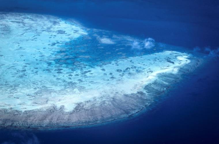Vue aérienne d'un atoll de corail près de l'île Lizard ,sur la Grande barrière de corail, à 270 km au nord de Cairns, le 4 avril 2024 en Australie ( AFP / DAVID GRAY )