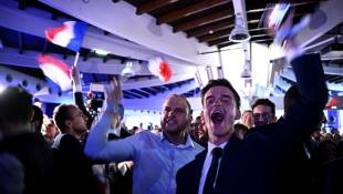 Des militants du Rassemblement national (RN) fêtent le score de leur parti aux élections européennes, le 9 juin 2024 à Paris ( AFP / JULIEN DE ROSA )