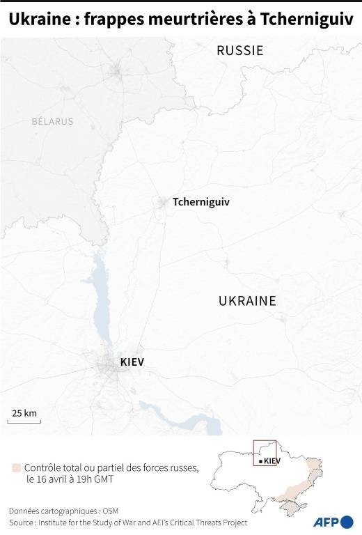 Carte montrant la ville de Tcherniguiv, qui a subi une triple frappe russe le matin du mercredi 17 avril, selon le maire ( AFP / Sylvie HUSSON )