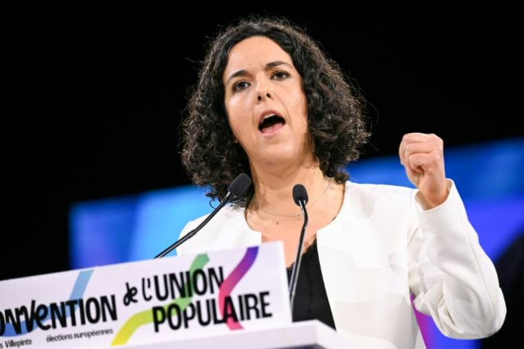 Manon Aubry, tête de liste La France Insoumise (LFI), lors du lancement de la campagne pour les européennes, le 16 mars 2024 à Villepinte, près de Paris ( AFP / Bertrand GUAY )