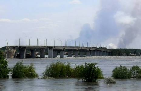 Une zone inondée dans la région de Kherson après la destruction partielle du barrage de Kakhovka, le 6 juin 2023 en Ukraine ( AFP / Oleg TUCHYNSKY )