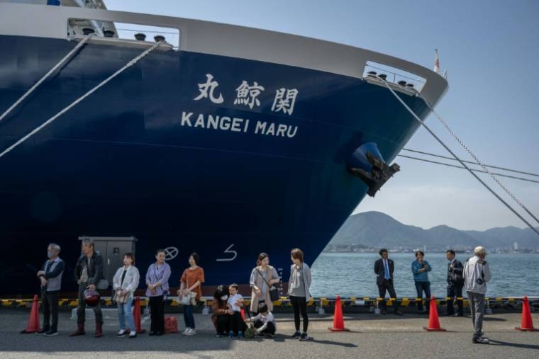 Le nouveau baleinier japonais Kangei Maru, le 21 mai 2024 à Shimonoseki, au Japon ( AFP / Yuichi YAMAZAKI )