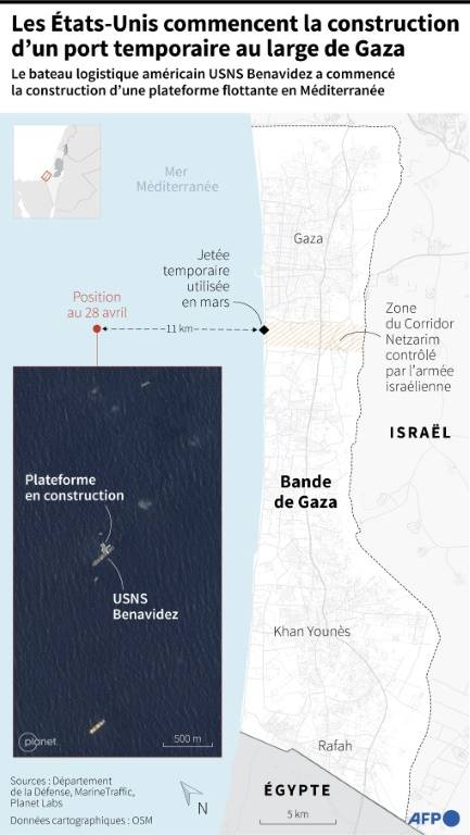 Carte localisant un bateau logistique américain au large de la bande de Gaza où les États-Unis ont commencé la construction d'un port temporaire ( AFP / Sylvie HUSSON )