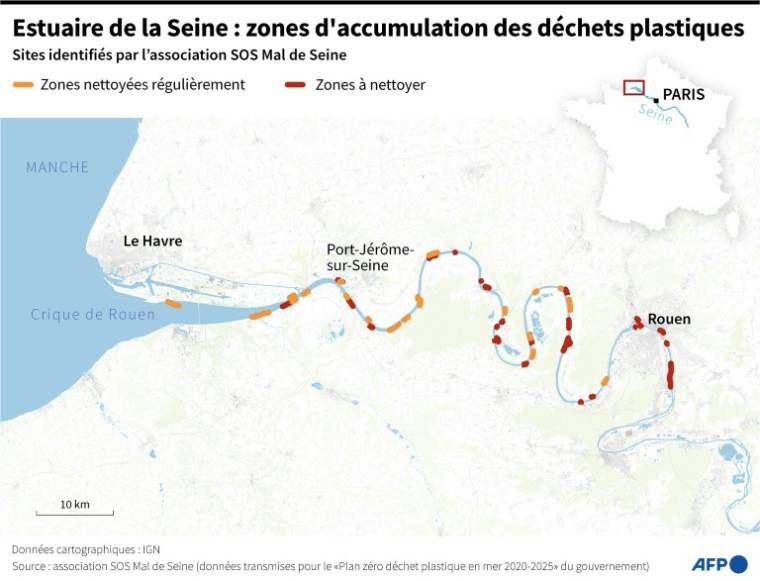 Carte des zones d'accumulation de macro-plastiques sur les berges de l'estuaire de la Seine, selon SOS Mal de Seine ( AFP / Nalini LEPETIT-CHELLA )