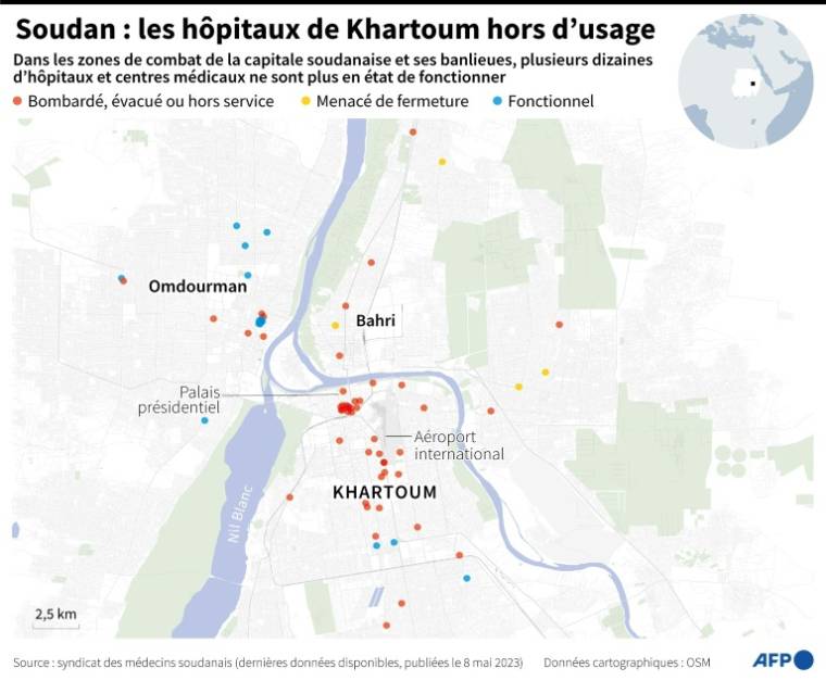 Carte de Khartoum, capitale du Soudan, et ses environs dressant un état des lieux des hôpitaux, selon le syndicat des médecins soudanais ( AFP / Sylvie HUSSON )