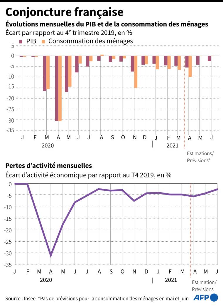 Evolutions mensuelles du PIB et de la consommation des ménages et pertes d'activité mensuelles depuis janvier 2020 ( AFP /  )
