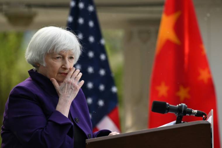 La secrétaire américaine au Trésor, Janet Yellen, lors d'une conférence de presse à la résidence de l'ambassadeur des Etats-Unis en Chine, le 8 avril 2024 à Pékin ( AFP / Pedro Pardo )