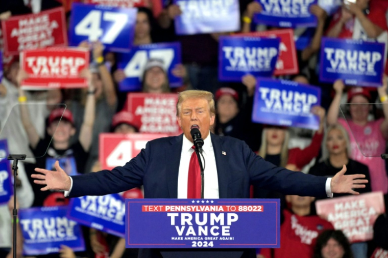 L'ex-président des Etats-Unis et candidat républicain à la présidentielle Donald Trump s'exprime lors d'un meeting de campagne au Santander Arena à Reading, en Pennsylvanie, le 9 octobre 2024 ( AFP / Jim WATSON )