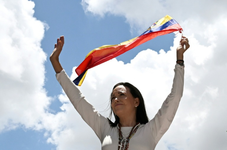 La cheffe de l'opposition María Corina Machado lors duneune manifestation à Caracas le 28 août ( AFP / JUAN BARRETO )