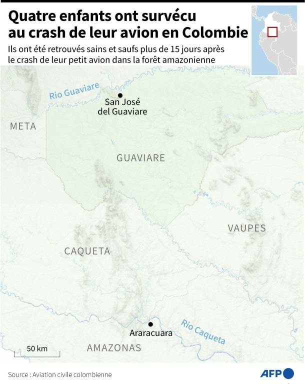 Carte de la Colombie montrant la zone dans laquelle un petit avion commercial a disparu des radars le 1er mai au-dessus de la forêt Amazonienne ( AFP /  )
