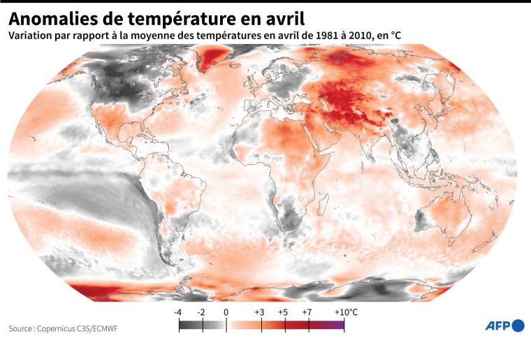 Carte mondiale des anomalies de températures enregistrées en avril 2022 ( AFP /  )