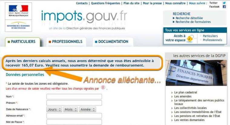 Exemple de phishing avec un faux site impots.gouv.fr (© DR)