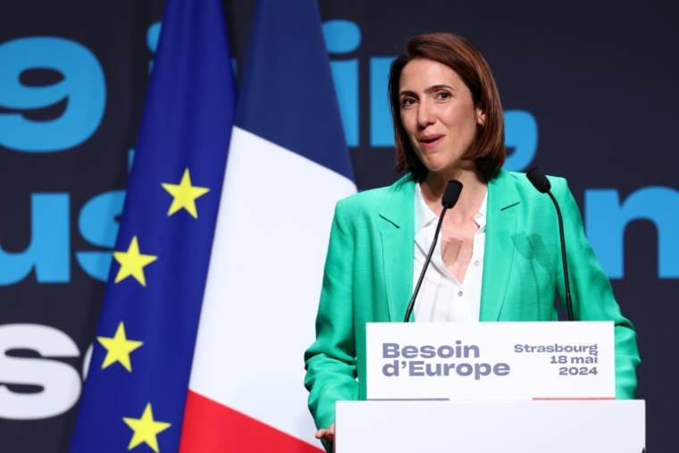 Valérie Hayer, tête de liste de la majorité, lors d'un meeting de campagne pour les européennes, le 18 ai 2024 à Strasbourg ( AFP / FREDERICK FLORIN )