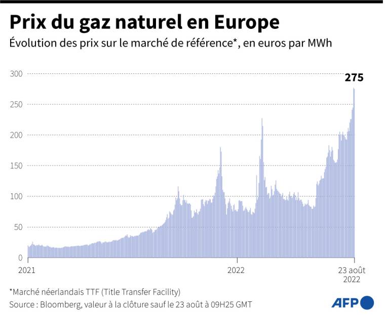 Évolution des prix du gaz naturel en Europe sur le marché néerlandais TTF, en euros par mWh, au 23 août ( AFP /  )