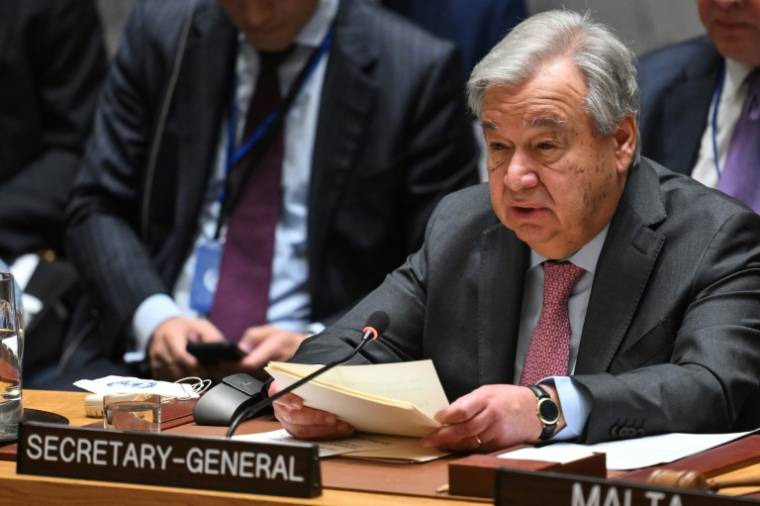 Le secrétaire général de l'ONU, Antonio Guterres, lors d'une réunion du Conseil de sécurité de l'ONU, le 18 avril 2024 à New York ( AFP / ANGELA WEISS )