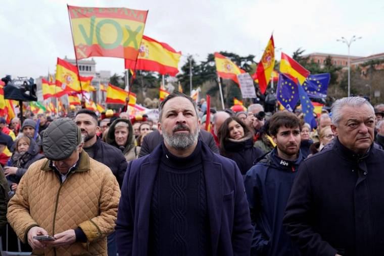 Le chef du parti espagnol Vox lors d'une manifestation contre le Premier ministre Pedro Sanchez, à Madrid