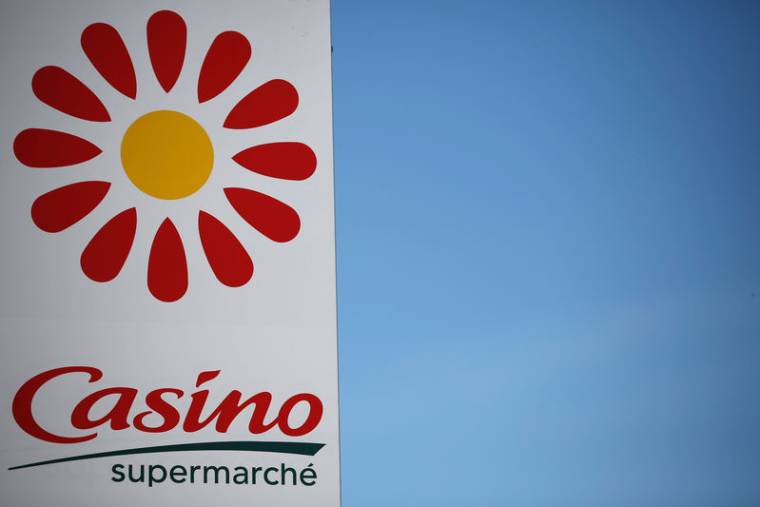 A logo of French retailer Casino is pictured outside a Casino supermarket in Nantes