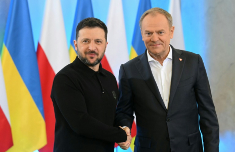 Le président ukrainien Volodymyr Zelensky (g) et le Premier ministre polonais Donald Tusk, le 15 janvier 2025 à Varsovie ( AFP / Sergei GAPON )