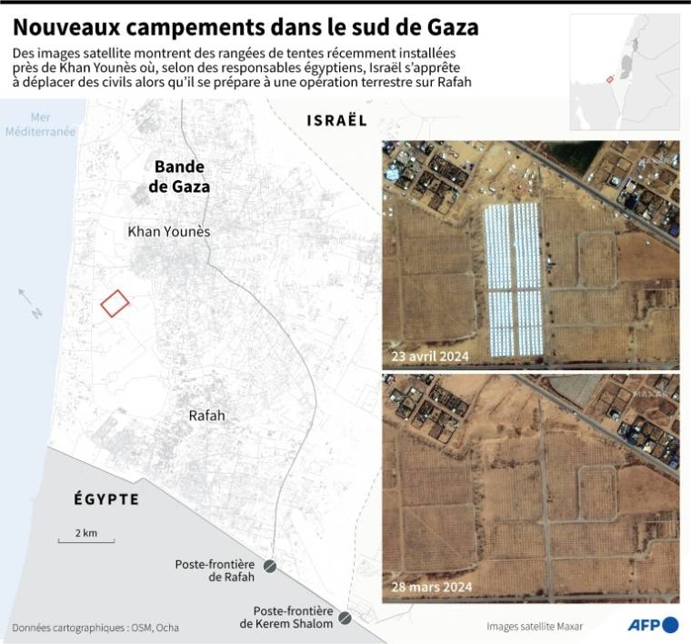 Carte du sud de la bande de Gaza localisant des campements récemment installés près de Khan Younès, et images satellite de la zone au 28 mars et 23 avril ( AFP / Aníbal Maíz Cáceres )