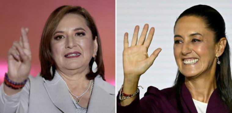 Ce combo créé le 17 avril 2024 montre la candidate de l'opposition Xochitl Galvez (G) lors de son meeting de lancement de campagne à Fresnillo (nord du Mexique) le 1er mars 2024 et la candidate du pouvoir de gauche Claudia Sheinbaum lors d'une réunion publique à Mexico le 15 avril 2024. ( AFP / ULISES RUIZ )