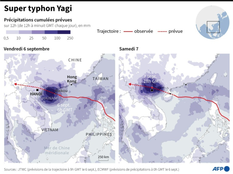 Carte montrant la trajectoire prévue du super typhon Yagi et les prévisions de précipitations cumulées pour les 6 et 7 septembre, de 12h à minuit GMT ( AFP / Olivia BUGAULT )