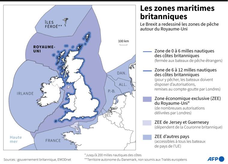 Carte des zones économiques exclusives du Royaume-Uni, de Jersey, Guernesey et des pays voisins, et des zones de pêche autour du Royaume-Uni ( AFP /  )