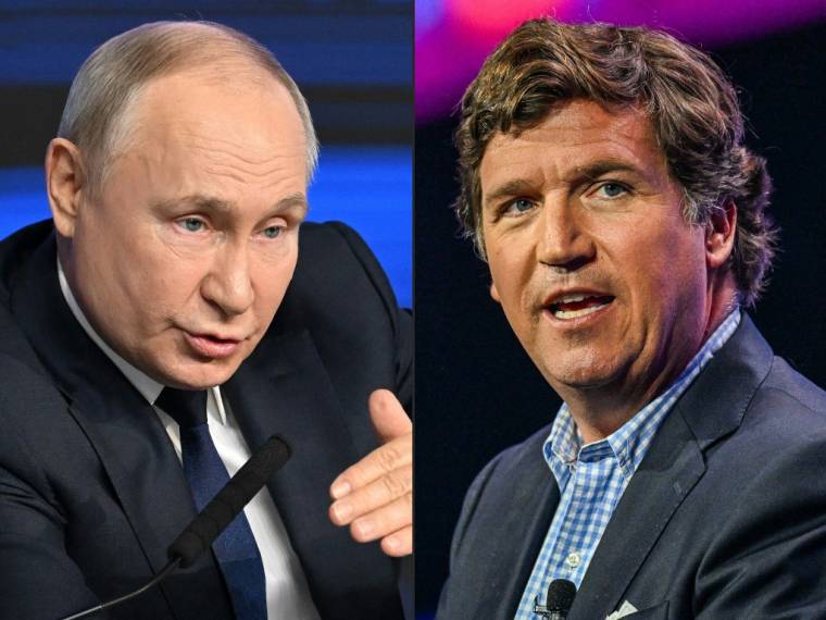 Vladimir Poutine à Moscou, le 31 janvier 2024 et Tucker Carlon à West Palm Beach, aux États-Unis, le 15 juillet 2023. ( AFP / NATALIA KOLESNIKOVA )