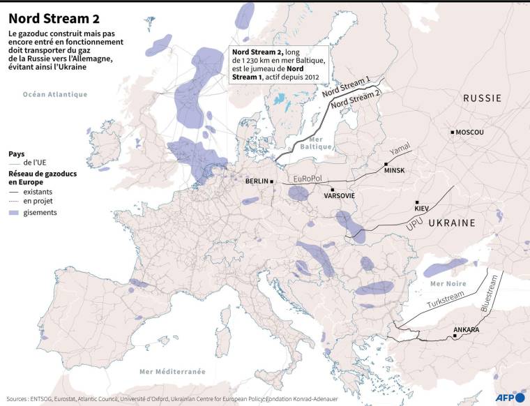 Carte d'Europe montrant le réseau de gazoducs opérationnels et en projet, ainsi que les terminaux de regazéification ( AFP /  )