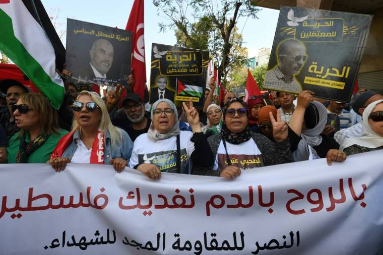 Manifestation à l'appel du Front de salut national (FSN) contre une vague d'arrestations de chroniqueurs de radio et télévision pour des critiques de la situation du pays, le 12 mai 2024 à Tunis  ( AFP / FETHI BELAID )