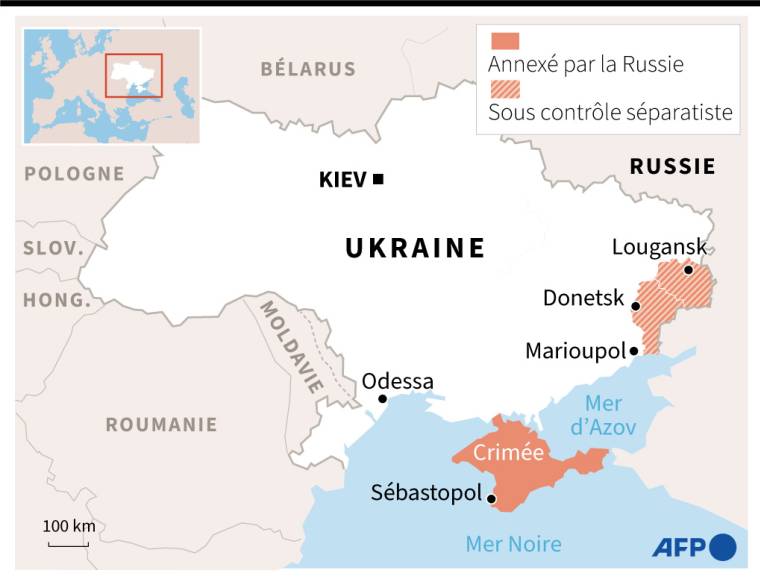 Carte d'Ukraine localisant les régions sous contrôle séparatiste et la Crimée, annexée par la Russie ( AFP /  )